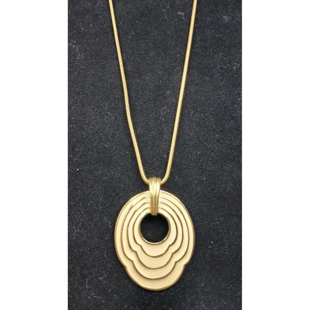Vintage TRIFARI Gold Tone Cream Enamel Layered Pendant Statement Necklace 30"